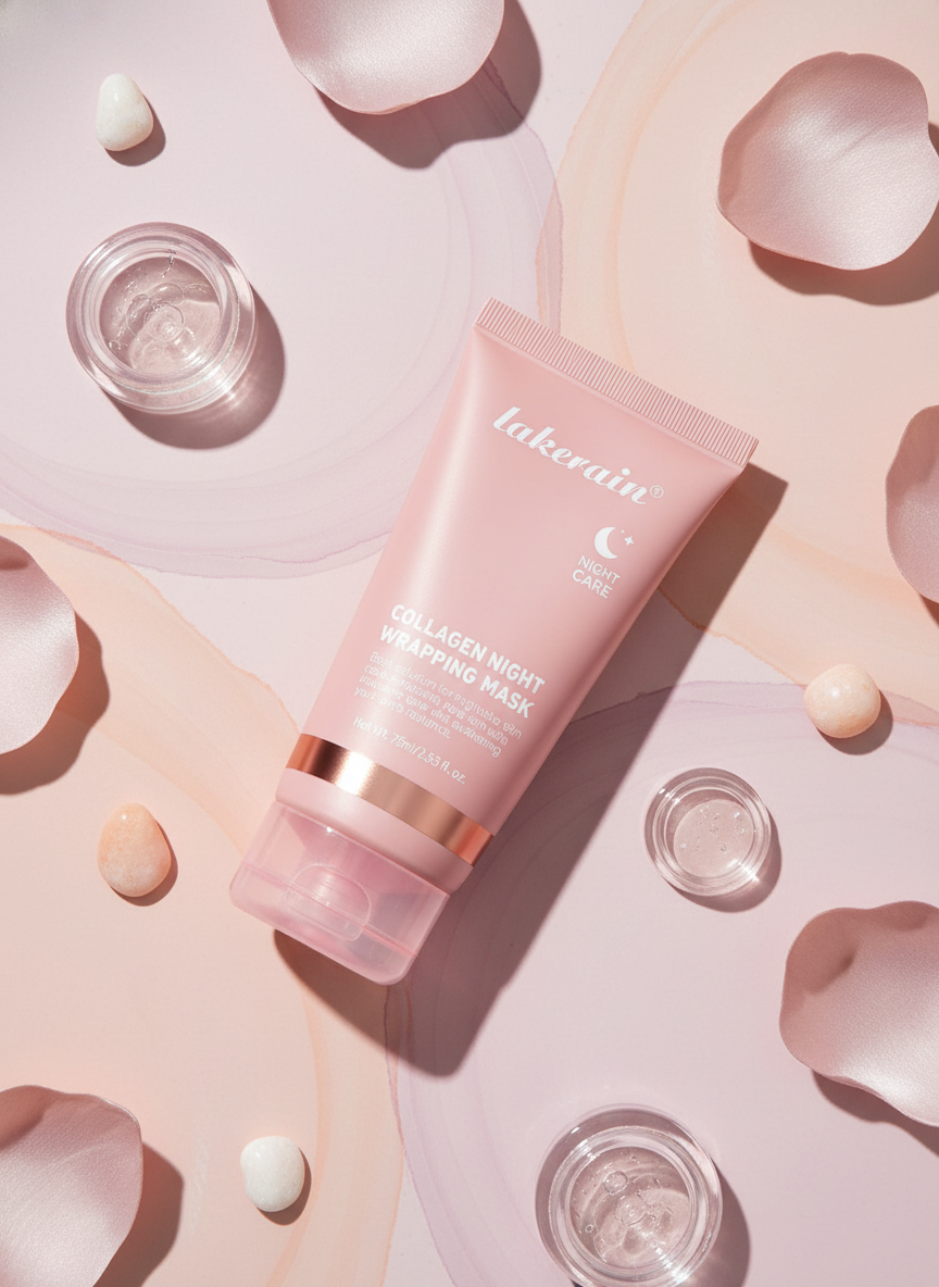 Luxury flat-lay of collagen peel-off mask packaging on a blush pink surface with subtle mauve and peach accents, soft lightin